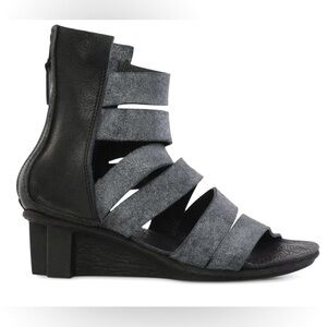 Trippen Zita Gladiator Metallic Leather Strappy Black Wedge Sandal Size 9.5
